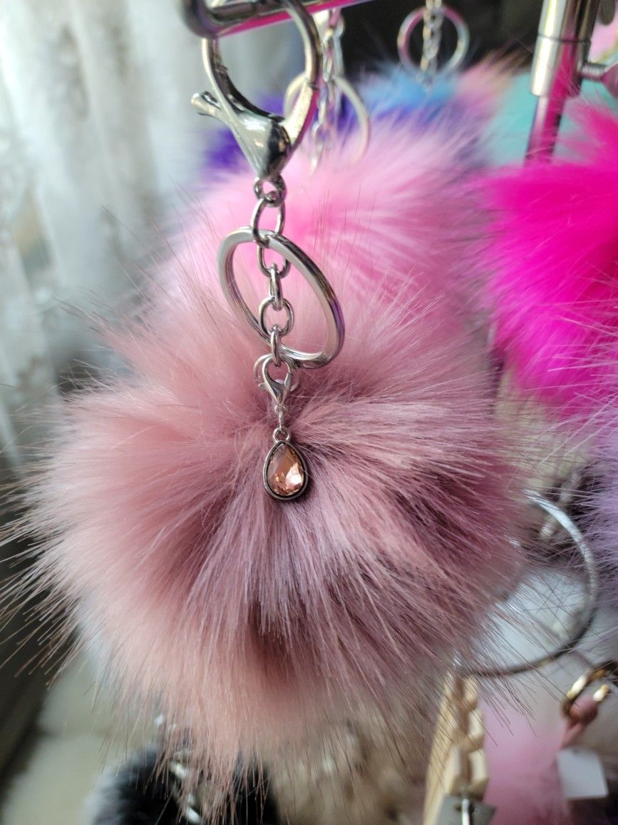 Mauve/Peach Gemstone Dangle 5" Pom Pom Keychain 7" Long