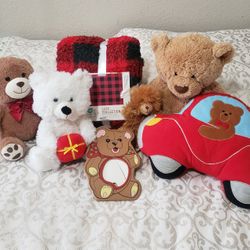 Teddy Bear Collection! Vintage Bear In Red Car Pillow, Four Plush Teddy Bears, Bear Picture Frame & Plush Throw Blanket!