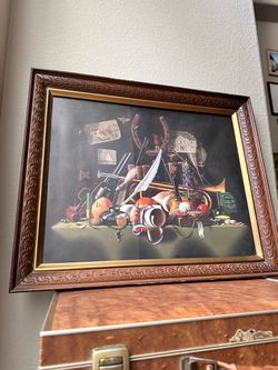 Vintage Framed Still Life Print with Ornate Wood Frame