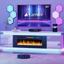 Fireplace TV-Stand with 40" Fireplace - 2 LED Light TV-Stand for 85 inch TVs, Entertainment Center with 4 AC Power Outlets, Storage 2 Tier TV Consoles