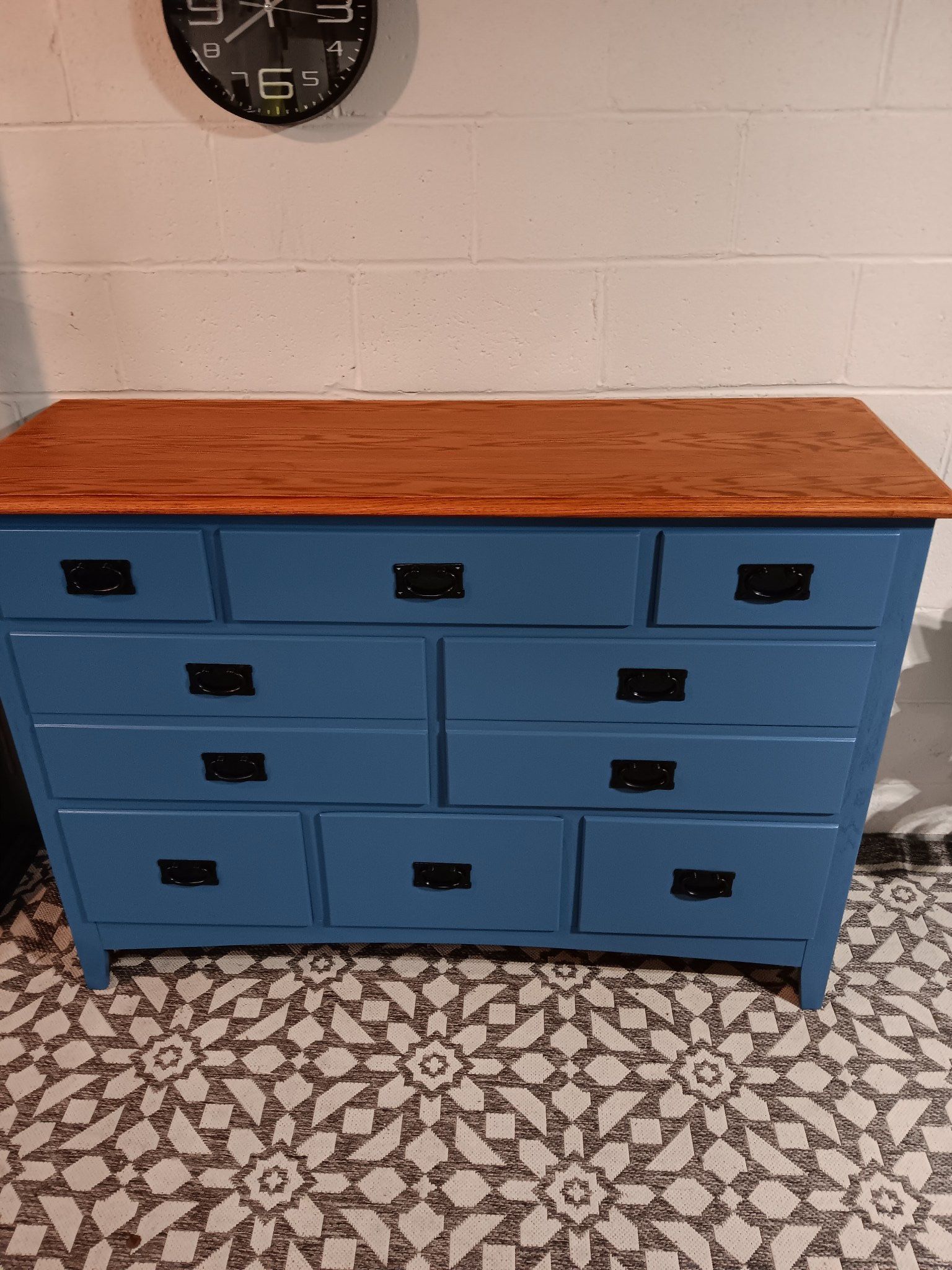Refinished Blue and Colonial Maple Top Eight Drawer Dresser