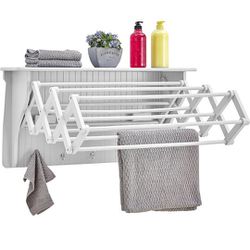 Brand New Danya B Accordion Clothes Drying Rack, Retractable, Wall Mounted Towel Rack and Hooks for Clothes and Towels for use in Laundry Room or Gara