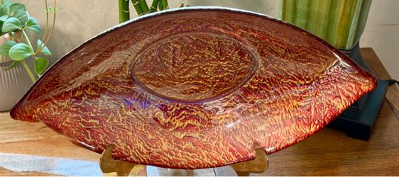 MCM 24K Gold Leaf Textured Glass Eye Shaped Ornate Console Bowl 17.5" L