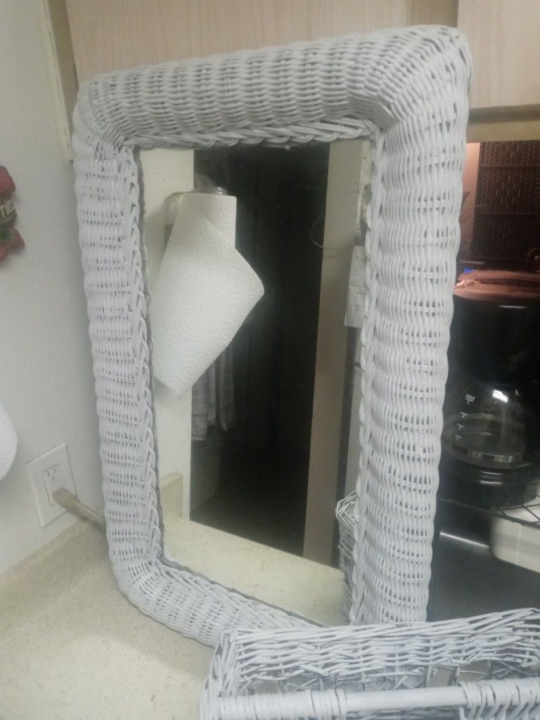 Wicker Mirror And Magazine Rack