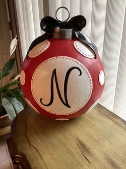 Giant Huge Christmas Ornament Polka Dot Red/White With Letter “N”.   from Kirklands — 14 In x 11 In