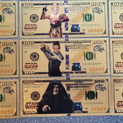 9 New Star Wars Gold Foil Novelty Bills Set, Darth Vader, Luke Skywalker, C3PO, Baby Yoda And More 