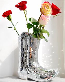 NWT Handcrafted Disco Cowboy boot flower vase silver mirror mosaic 9.5"