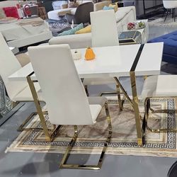 Dining Table Chairs Set of 4, 55" White High-Gloss Lacquered Tabletop  Metal Frame,