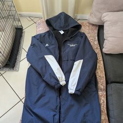 Adidas Navy & White Long Hooded Parka – Size L
