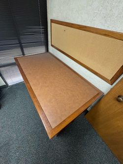 Custom motorized oak drafting/Craft table with oak corkboard