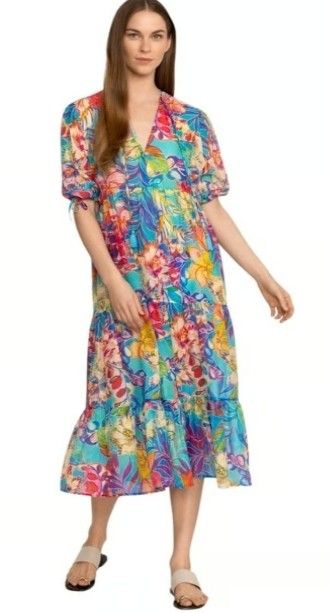 Johnny Was Helena Silk Cotton Blend Tiered Floral Relaxed Maxi Dress Size Medium