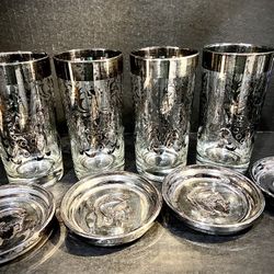 MCM vintage KIMIKO Silver Knight Shield Highball Glass Barware set of 4 With Coasters