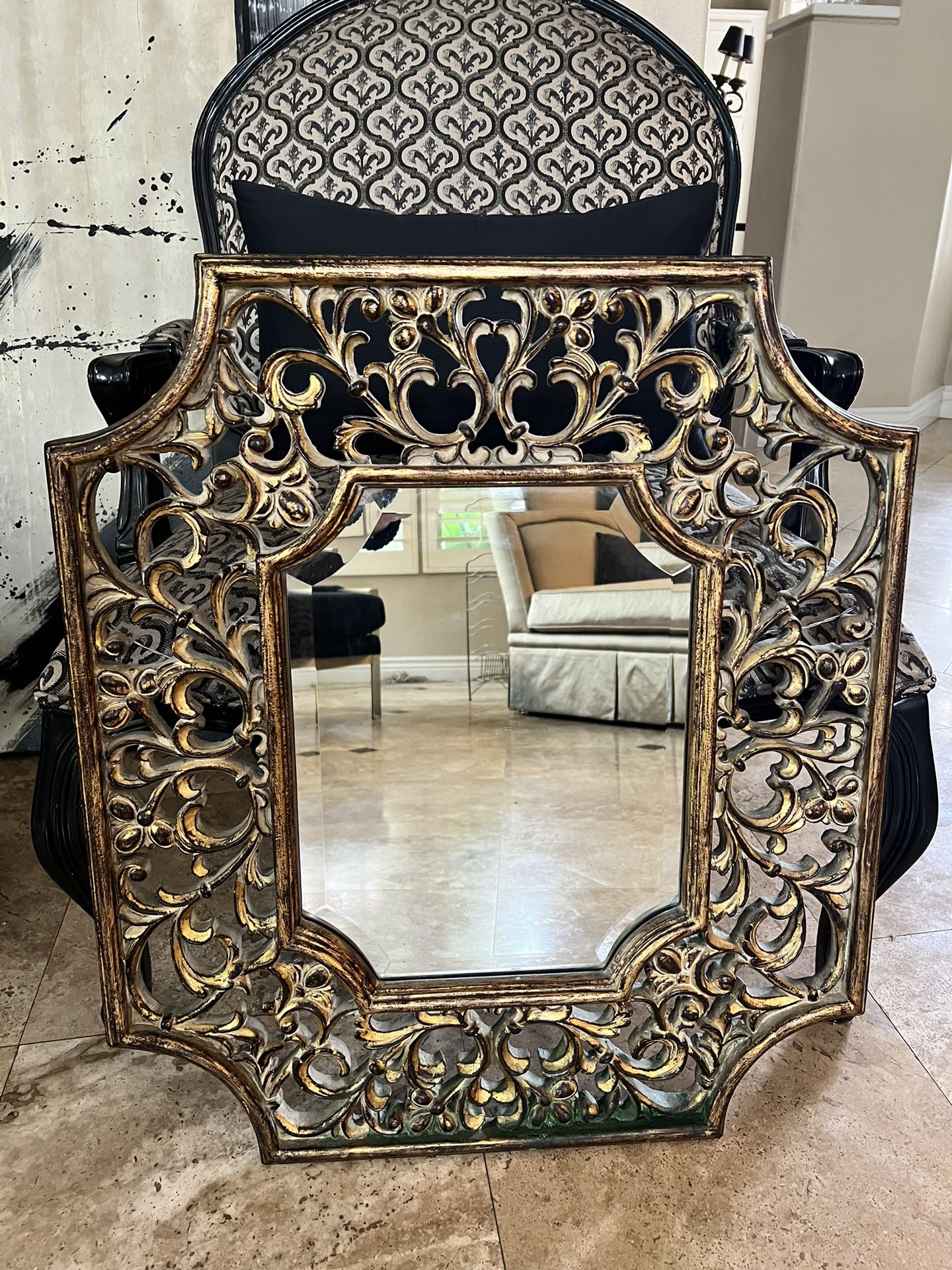Octagonal French Fleur Di Lis Antique Gold Wall Mirror