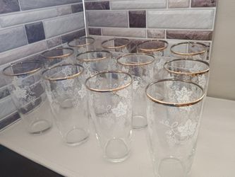 Gold Rim Etched Grapevine China Glasses 12