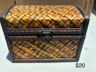 vintage, handcrafted woven bamboo and rattan treasure chest box