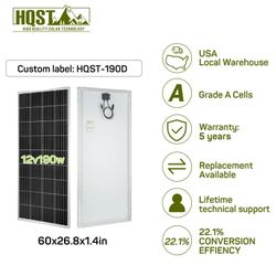 HQST 190W Watts 12V Mono Solar Panel 200W for RV Car Boat Camping Off Grid