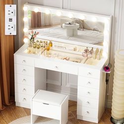 Vanity with Lighted Mirror - Makeup Vanity Desk with Glass Top and 11 Drawers, 3 Color Lighting Modes Adjustable Brightness, 46" Vanity Table with Sof