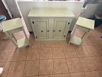 Cream Wood Cabinet with Two Side Tables
