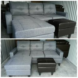 Brand New Gray Denim Linen Fabric Sectional With A Reversible Chaise & Matching Footrest 