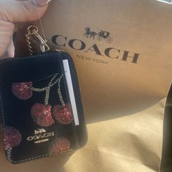 Coach Cherry Print Id Wallet Pouch Chain 