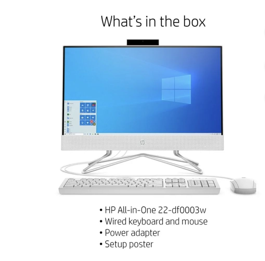 HP All-in-One Desktop 22", Intel Celeron G5900T, 4GB RAM, 256GB SSD, White, Windows 11 Home, 22-df0003w