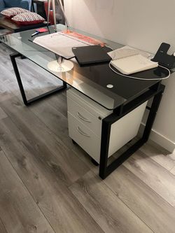 Modern Glass Desk with Rolling File Cabinet