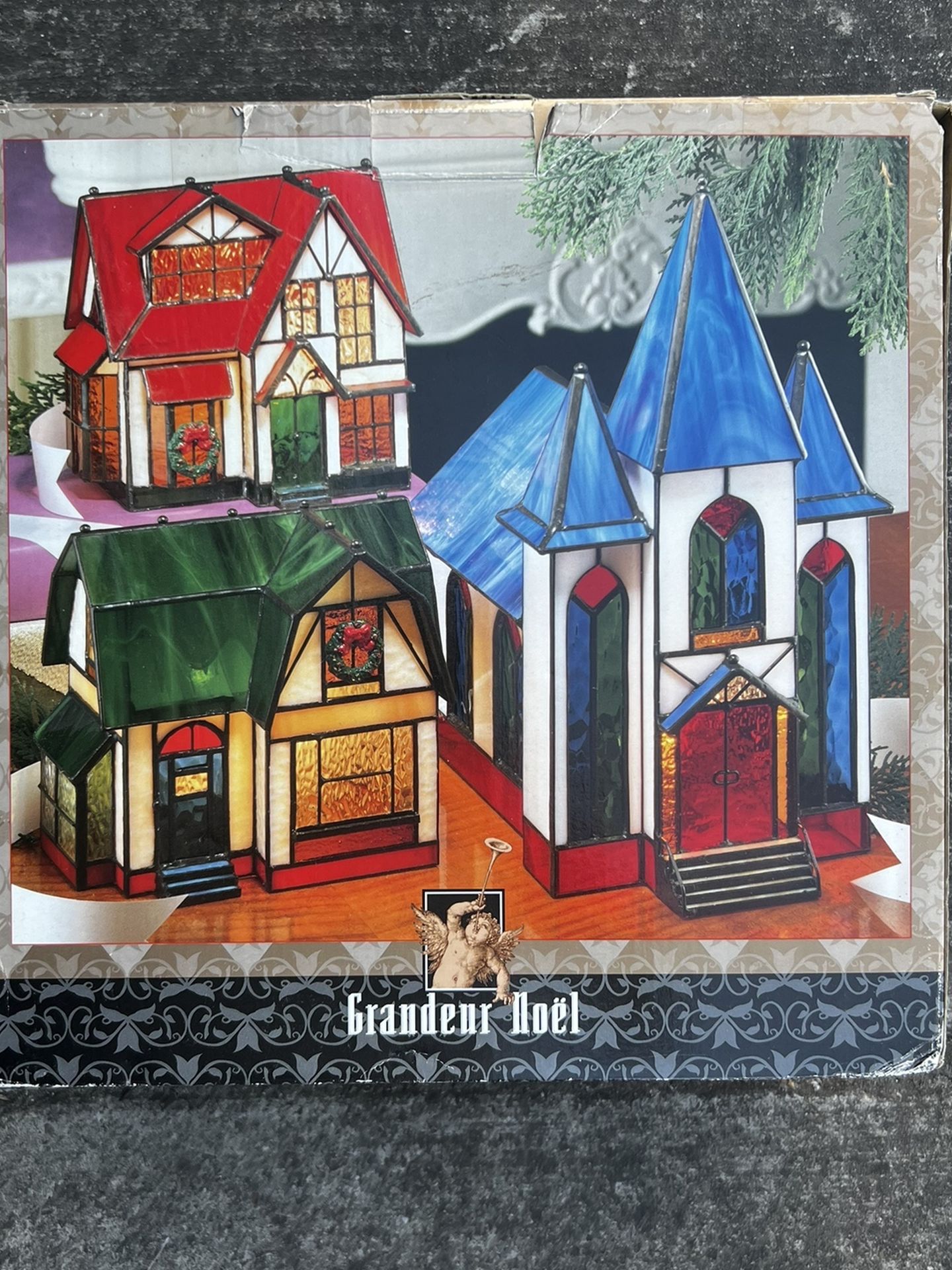 Christmas Village Grandeur Noel Stained Glass Church Houses Lighted Set