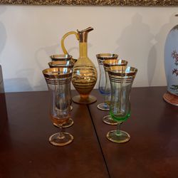 Antique Gold Plated Carafe & 6 Matching Glasses