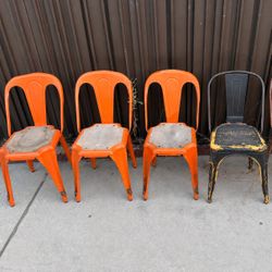 Metal Bistro Chairs, Set of 4 — 3 Orange and 1 Black