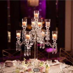 Elegant 9-Arm Crystal Glass Candelabra Centerpiece with Hurricane Chimneys