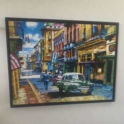 Framed Canvas Cuba Street Scene Painting