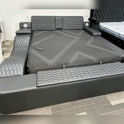 Classic modern Luxury Black king bed frame w/ massage chaise laptop holder Bluetooth speakers USB side bookshelf storage jewellery compartment