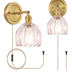 Tulip Wall Sconces Set of 2, Pink Glass Plug in Wall Lights with Brass Base, Handmade Vintage Wall Sconce Lighting for Bedroom Bedside Living Room Hal