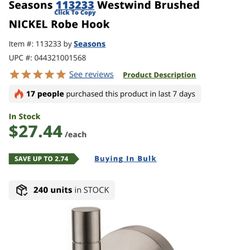 BRAND NEW Bulk Buy Seasons Westwind Brushed NICKEL Robe Hooks - 1600 Units - RETAIL: $43,500 (40 Cases)