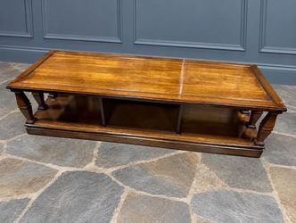 Vintage Barker Bros. Rectangular Wood Coffee Table – Architectural Column Design & Open Storage