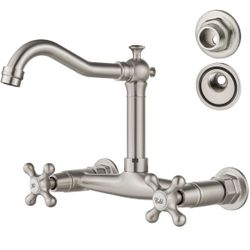 Airuida Wall Mounted 8 Inch Center Kitchen Sink Faucet Commercial Wall Mount Kitchen Tap Double Cross Handles 360 Rotatable Spout for Utility Laundry