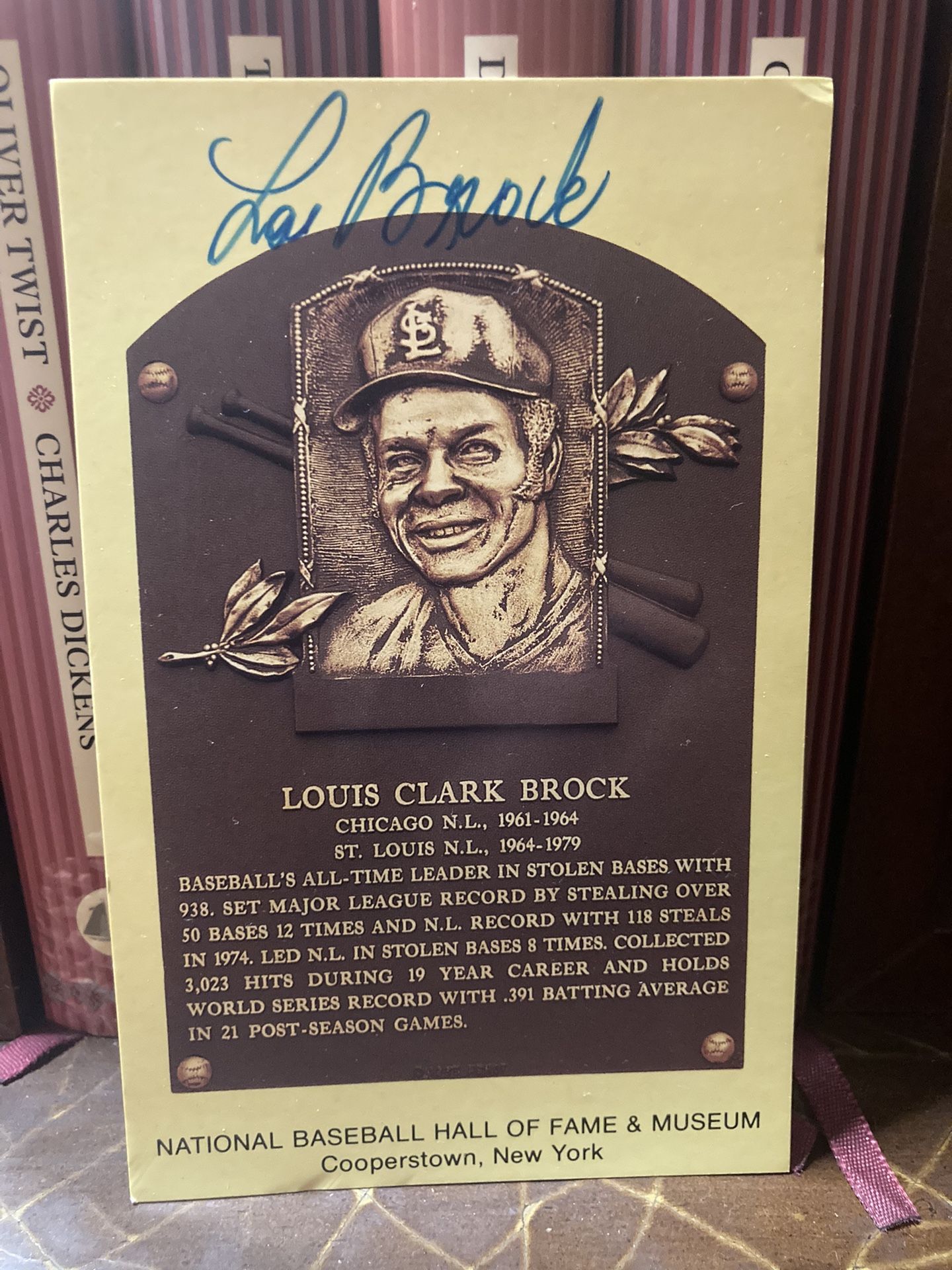 Lou Brock Autographed Hall of Fame Plaque Postcard