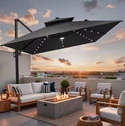 Double Top 11 ft. x 9 ft. Aluminum 360° Rotation Solar LED Light Cantilever Patio Umbrella in Black