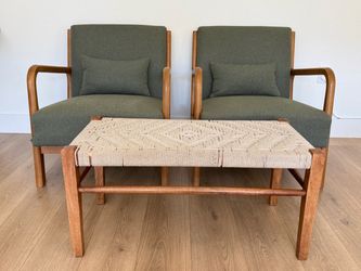 Mid-Century Modern Accent Chair Set (2) + Woven Wood Bench