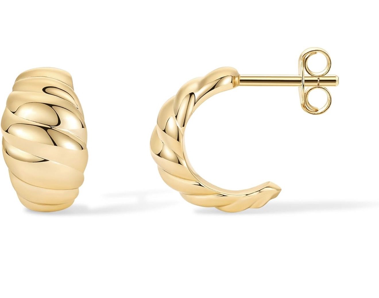 PAVOI 14K Gold Plated Ribbed Hoop Earrings for Women - Chunky Ridge Statement Earrings - Boho Puffy Croissant Huggie Hoops Trendy Gold Jewelry