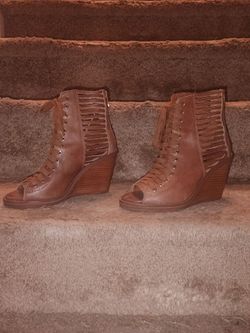 BCBGeneration Brown Lace-Up Cut-Out Wedge Sandals