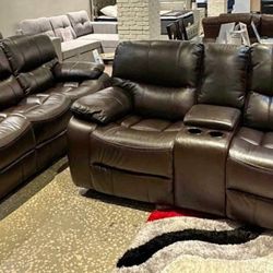 Fourth of July sale. Madrid brown leather reclining sofa and loveseat set now $1199. Easy finance option. Same day delivery.