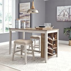 Dining table with 2 stools.