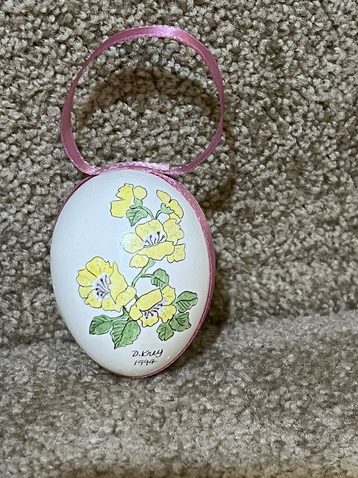 Real Hollow Hand-Painted Egg Shell Easter Ornament With Ribbon Flowers Prayer