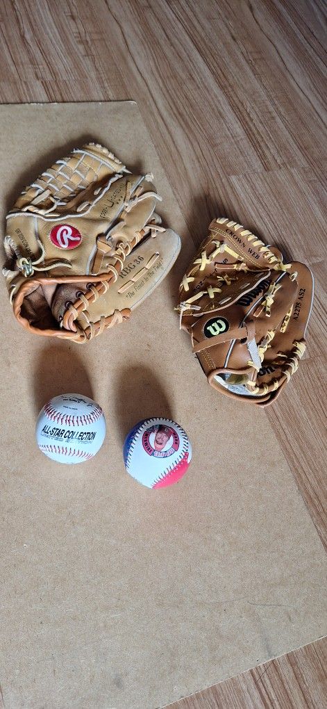Adult Rawlings and Wilson Baseball Gloves and 2 Balls