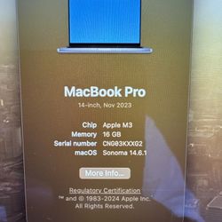 2023 14” MacBook Pro M3 Chip 16 GB 