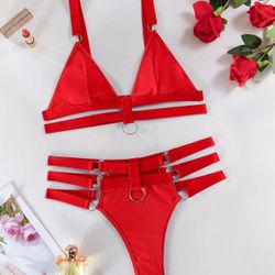 Red Wireless O Ring Linked Strappy Harness Lingerie Set Outfit