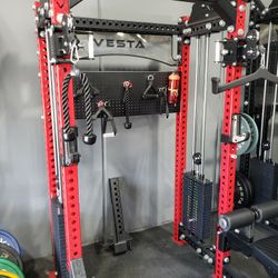 NEW Squat Rack Functional Trainer Cable Cross Over  Adjustable Bench Press 45lb Barbell Bumper Plates Home Gym 
