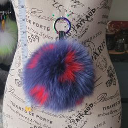 8" Long Genuine Fur 6 1/4" Navy Blue Red Spotted Pom Pom Keychain + Freebies