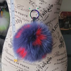 8" Long Genuine Fur 6 1/4" Navy Blue Red Spotted Pom Pom Keychain + Freebies